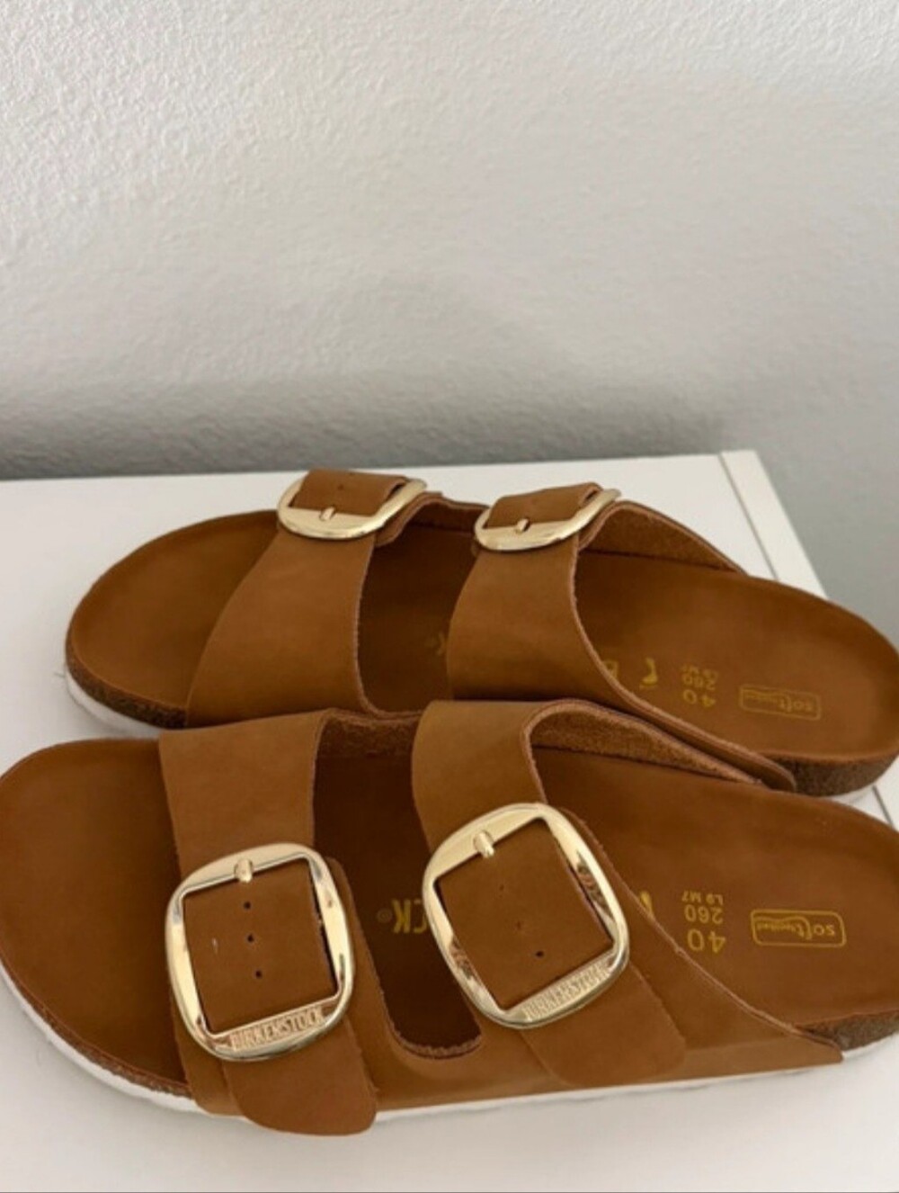 Birkenstock Women’s Arizona Soft Footbed Sandal in Chestnut with Gold Buckles